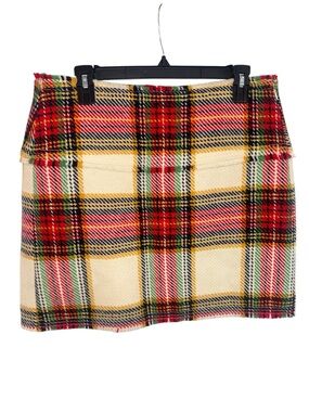 J. Crew Cream Plaid Mini Skirt with Red and Yellow Accents 100% Wool